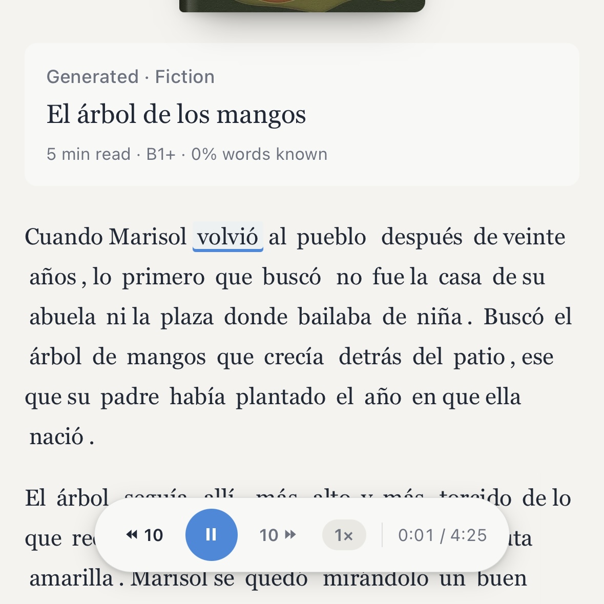 Reading a Spanish short story with a word highlighted and the narration player