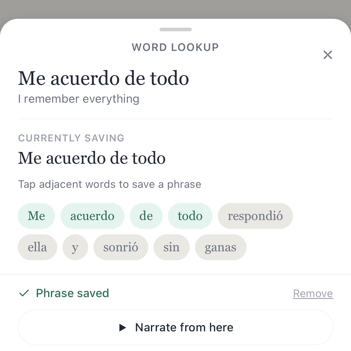 Tapping a word opens a lookup popup where you tap adjacent words to save a phrase into your flashcards